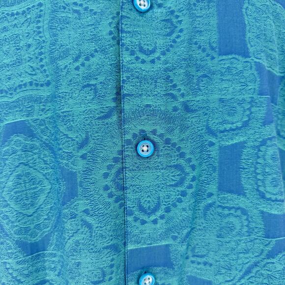 Robert Graham Woven Button Front Short Sleeve Shirt Teal Paisley Jacquard M - Picture 5 of 8